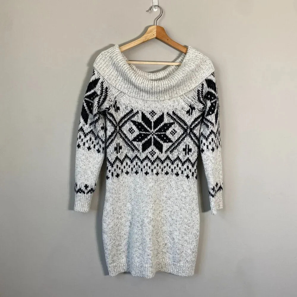 Abercrombie & Fitch Cowl Neck Fair Isle Knit Sweater Dress Womens Small Gray Y2K - Picture 2 of 13
